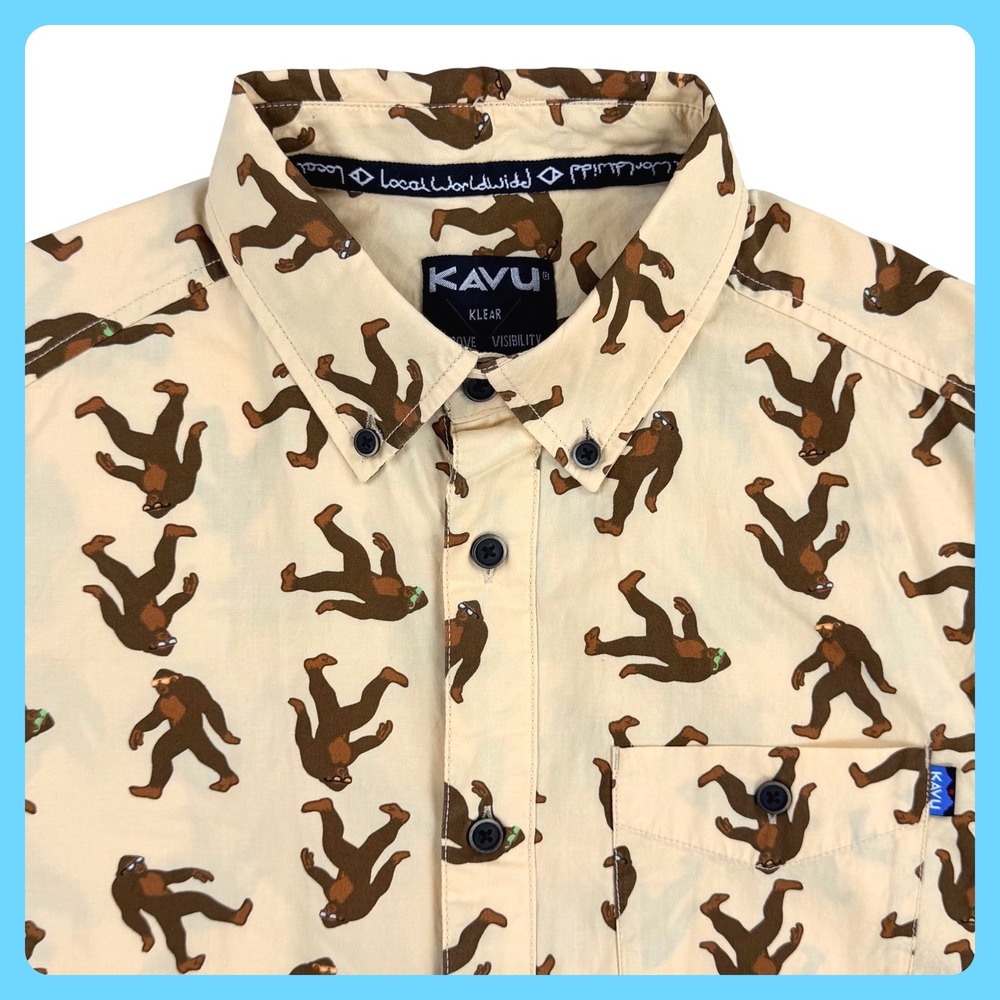 KAVU Klear Above Short Sleeve Shirt Men SMALL Tan Cotton Sasquatch Bigfoot